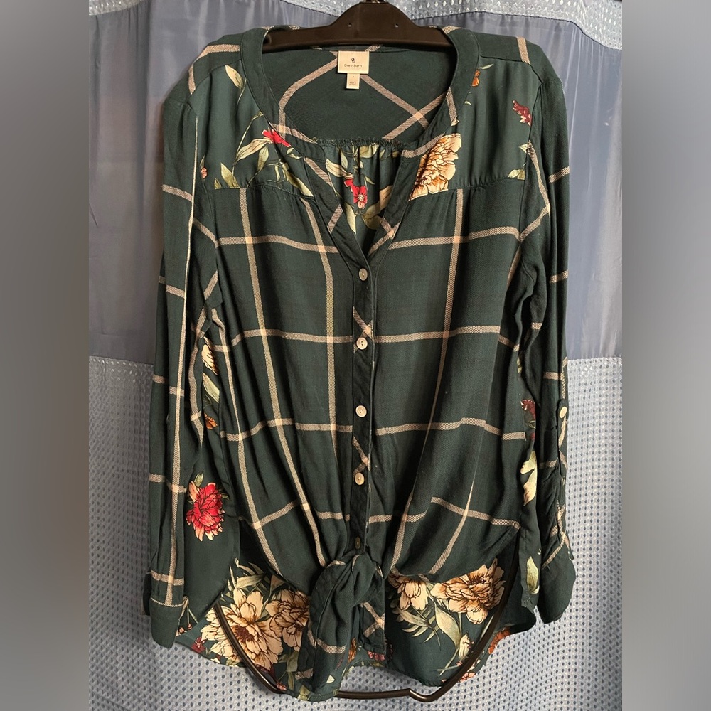 dressbarn Green Floral Plaid Button Down Shirt